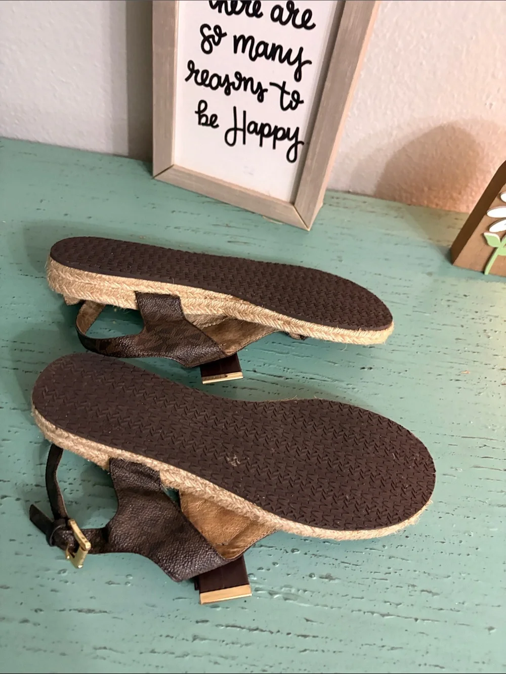 Michael Kors Brown and Gold Jute Thong Sandals